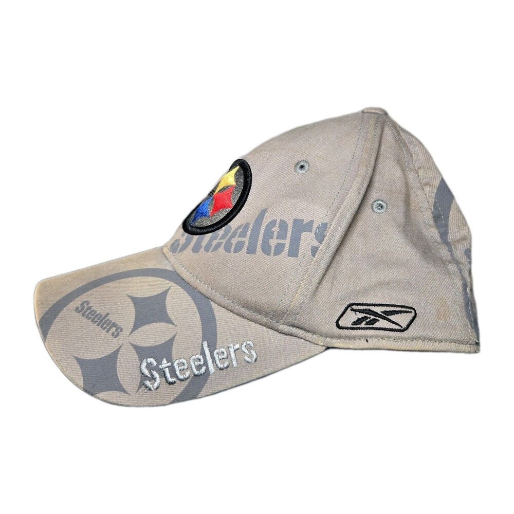 VTG Pittsburgh Steelers Hat NFL Football Reebok Cap Tan Gray Fitted L/XL AOP